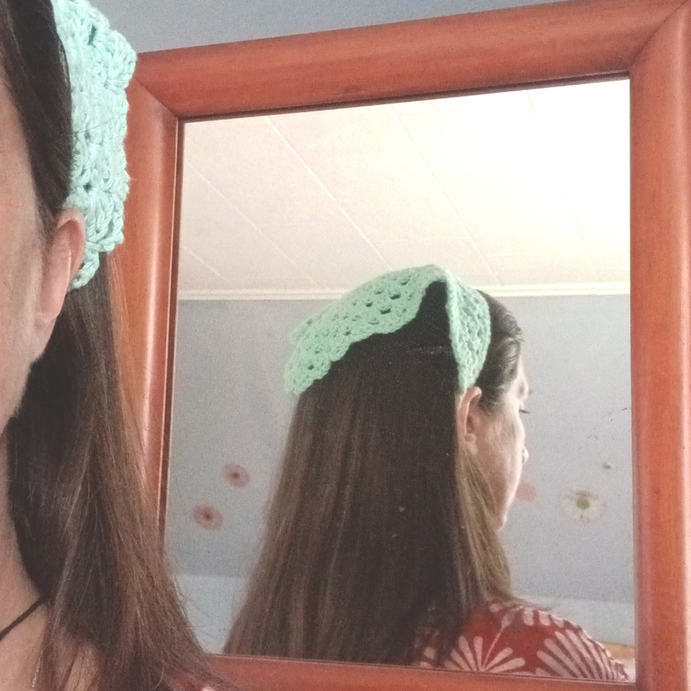 Hand Crafted Cottagecore Crochet Aqua Blue Triangle Head Kerchief Bandana